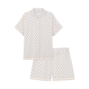 Chora Micro Geometric Print Cotton Sateen Short Sleeve Pajama Set in Blanc
