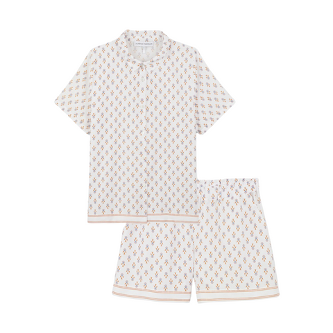 Chora Micro Geometric Print Cotton Sateen Short Sleeve Pajama Set in Blanc