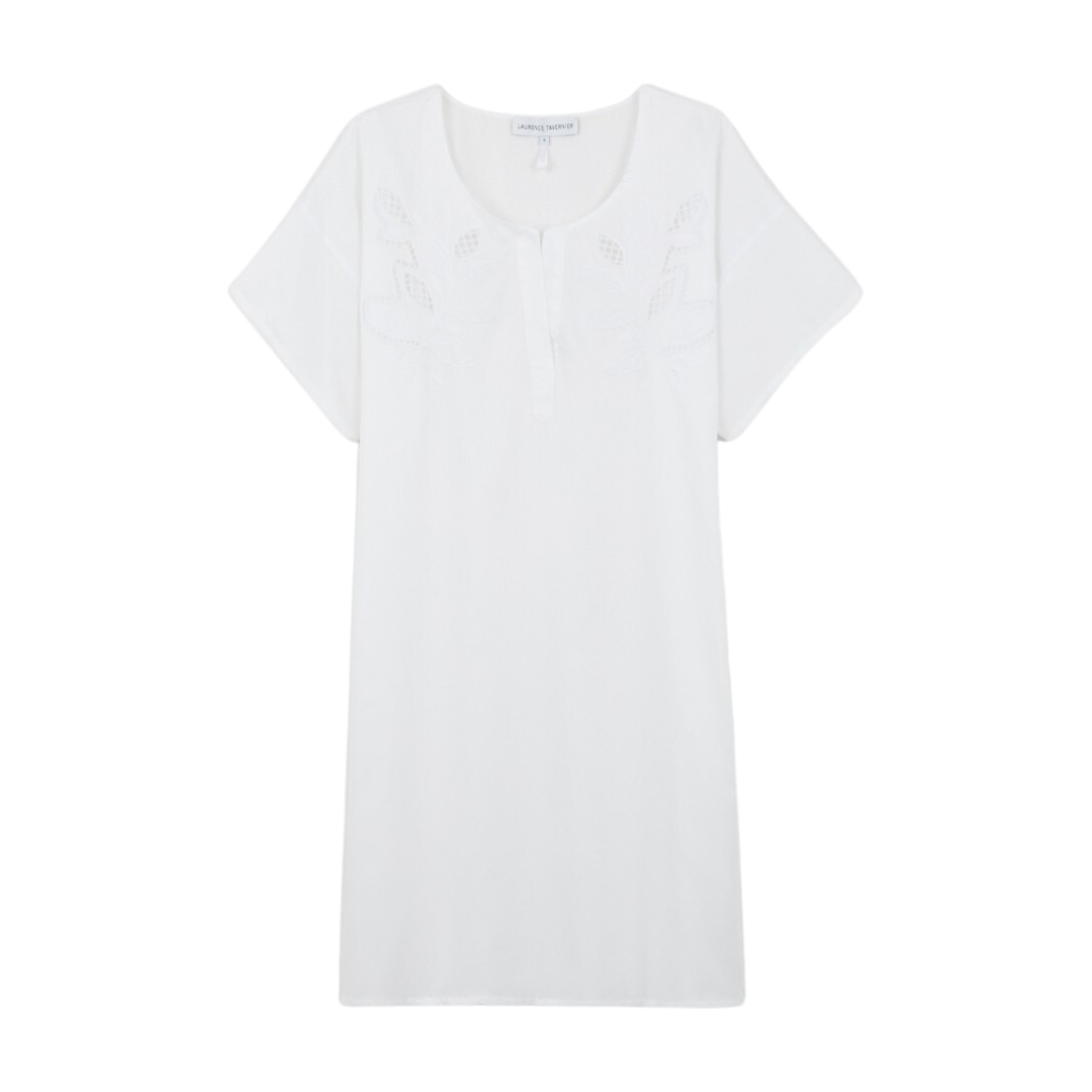 Hawai Floral Embroidered Cotton Sateen Short Sleeve Nightgown in Blanc