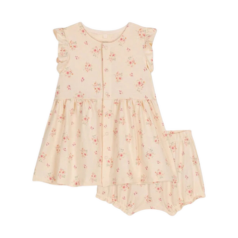 Floral Print Ruffle Sleeve Dress + Bloomer Set in Cream