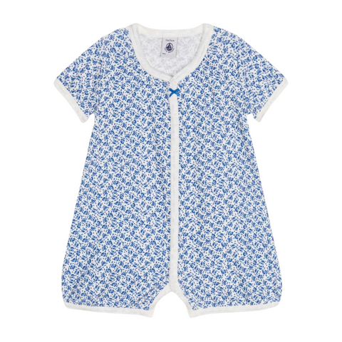 Floral Print Short Sleeve Bubble Onesie in White + Blue