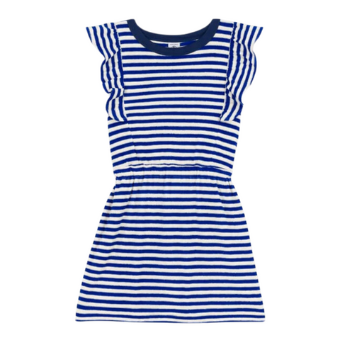 Striped Short Sleeve Terry Cloth Dress in Navy + White