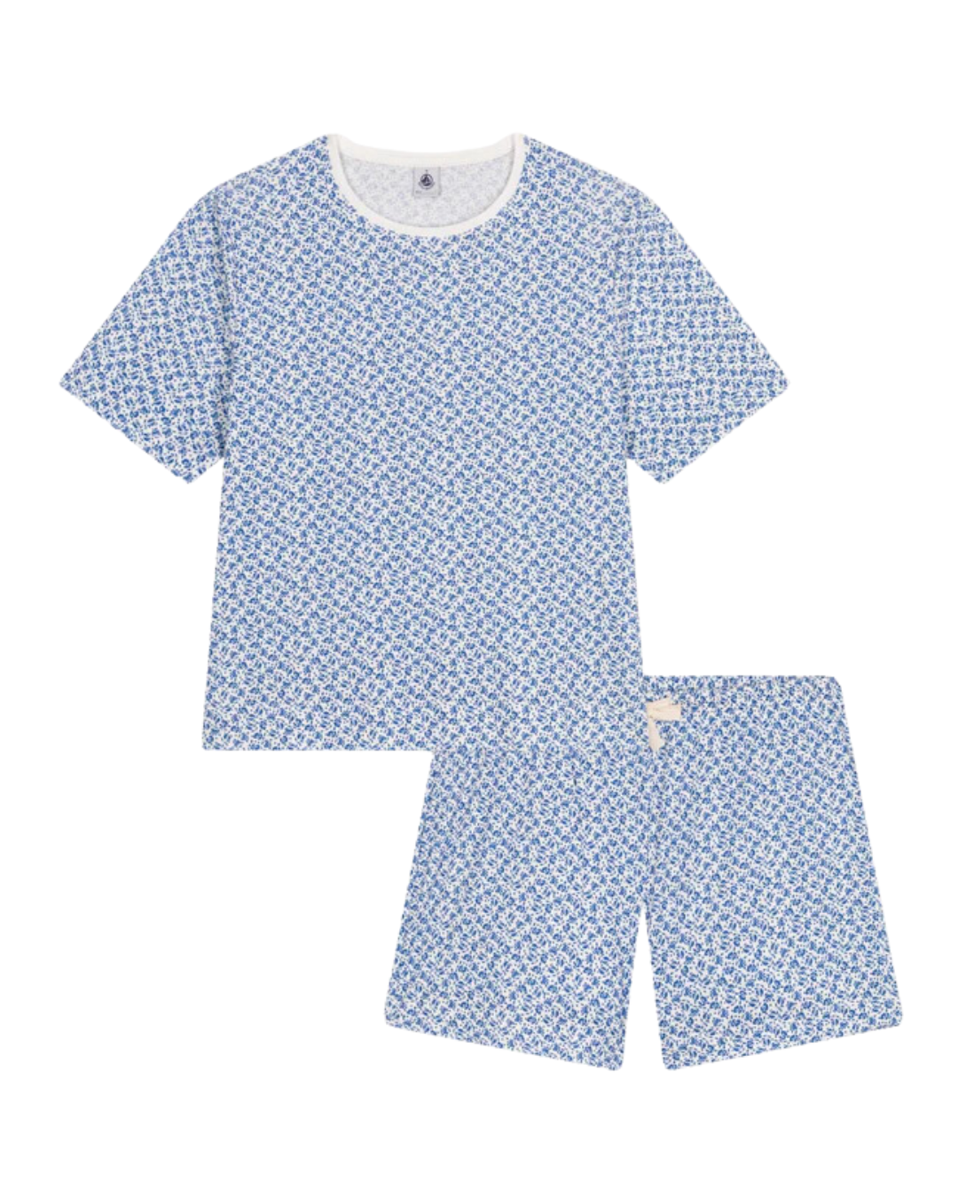 Floral Print Short Sleeve Top + Shorts Loungewear Set in Blue + White