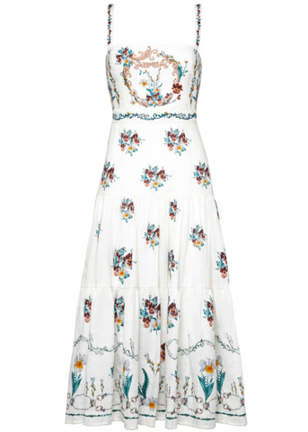 Lima Spaghetti Strap Hand Embroidered Tiered Midi Dress in Florero