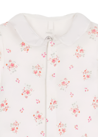 Flower Bunches Print Ruffle Collar Front snap Footie in White