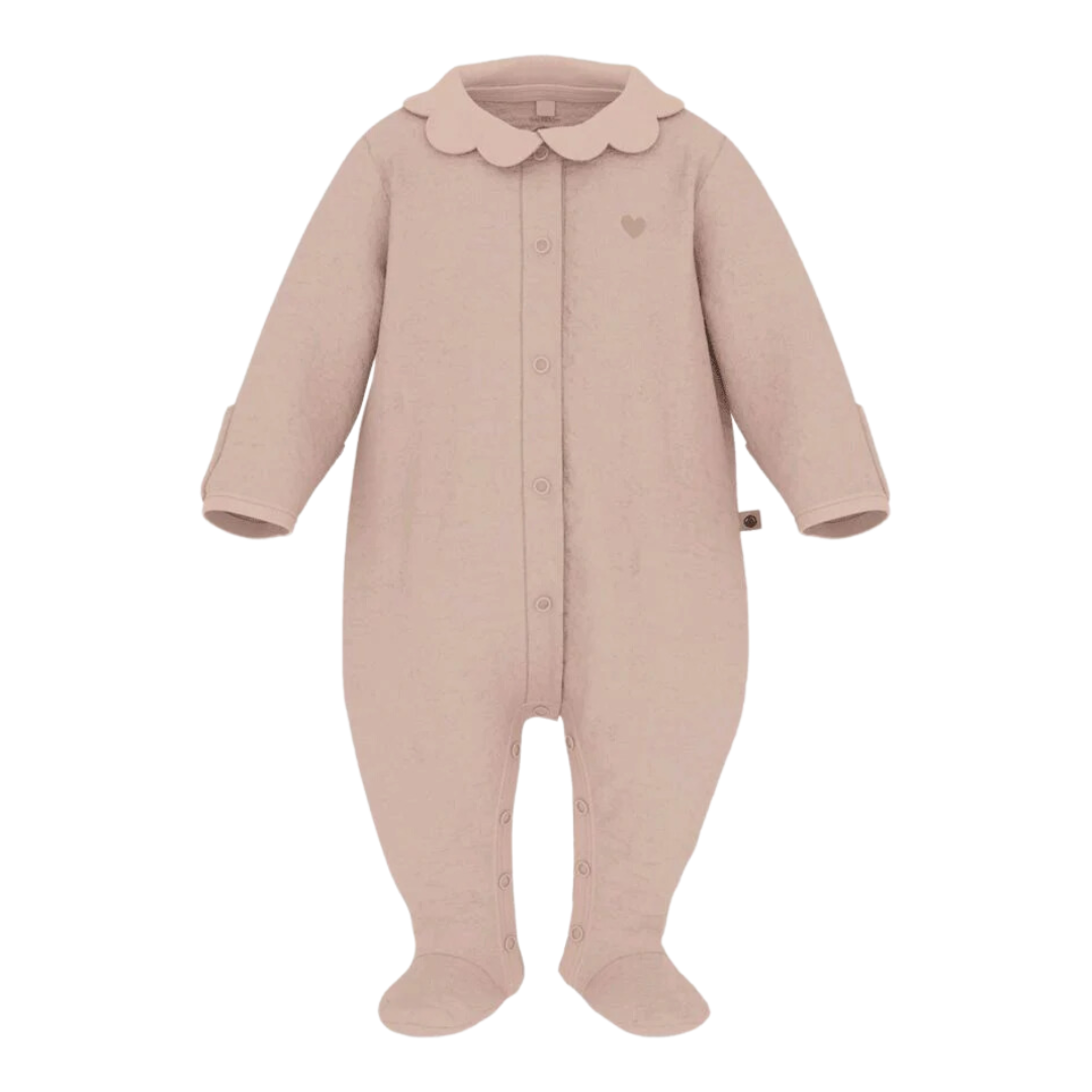 Scallop Collar Front Snap Velour Footie in Light Pink