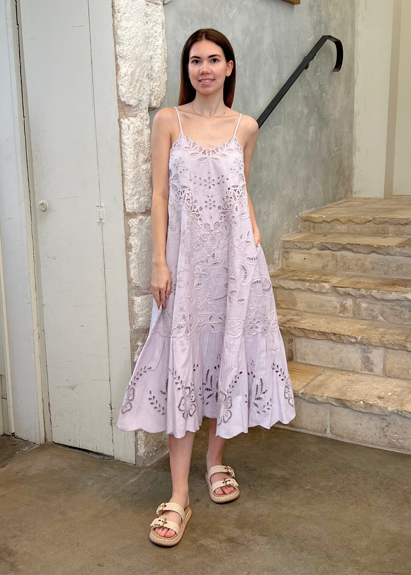 Iyla Soutache Spaghetti Strap Midi Dress in Lilac