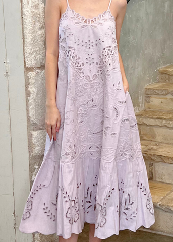 Iyla Soutache Spaghetti Strap Midi Dress in Lilac