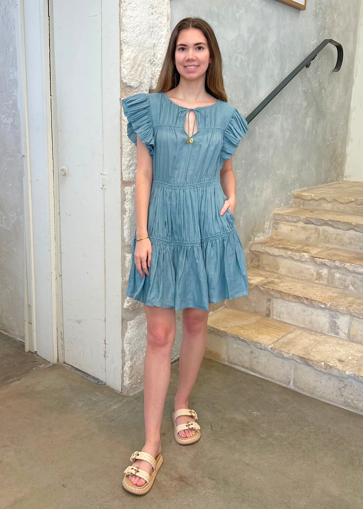 Anise Ramie Flutter Sleeve Tunic Dress in Blue