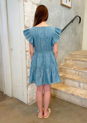 Anise Ramie Flutter Sleeve Tunic Dress in Blue