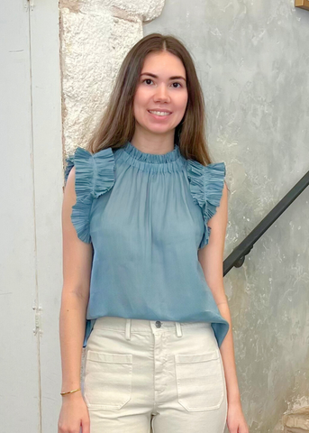 Anise Ramie Flutter Sleeve Top in Blue
