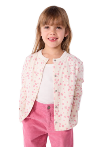 Colored Blossom Print Long Sleeve Button Snap Cardigan in White + Pink