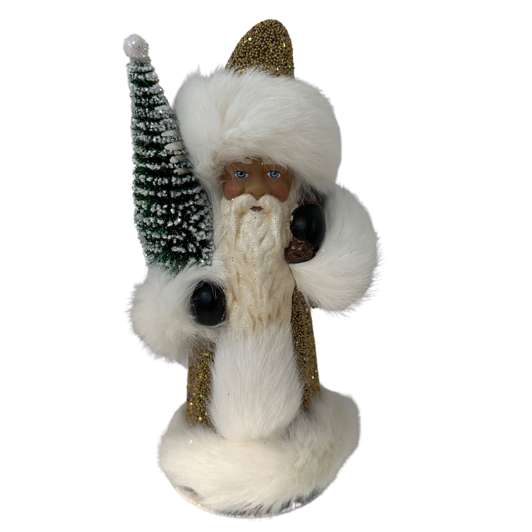 Glitter + Beaded Santa with Fur Trimmed Hooded Coat + Fir Tree