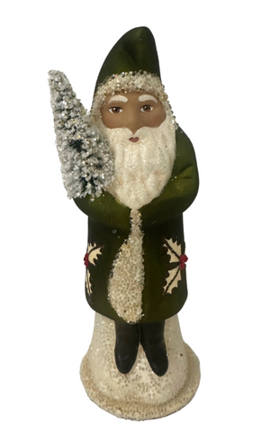 Glitter + Crystal Holly Leaf Santa in Green Hooded Jacket with Fir Tree