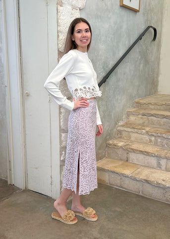 Iyla Soutache Side-Slit Midi Skirt in Lilac