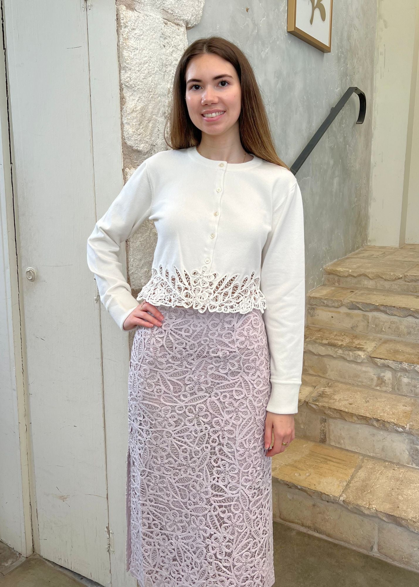 Iyla Soutache Side-Slit Midi Skirt in Lilac