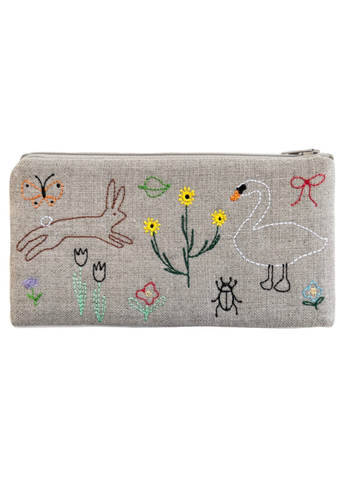 Hand Embroidered Biota Linen Zipper Pouch