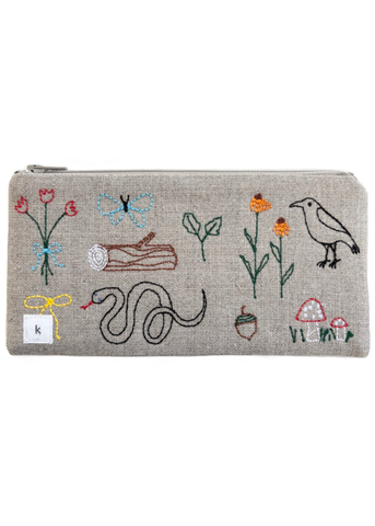 Hand Embroidered Biota Linen Zipper Pouch