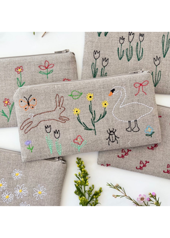 Hand Embroidered Biota Linen Zipper Pouch