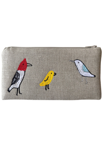 Hand Embroidered Backyard Birds Linen Zipper Pouch