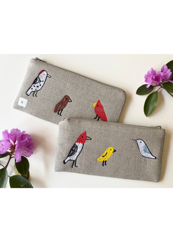 Hand Embroidered Backyard Birds Linen Zipper Pouch