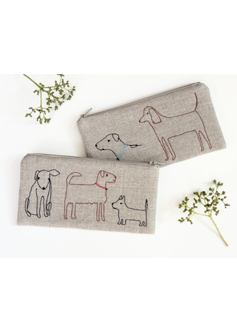 Hand Embroidered Dogs Linen Zipper Pouch