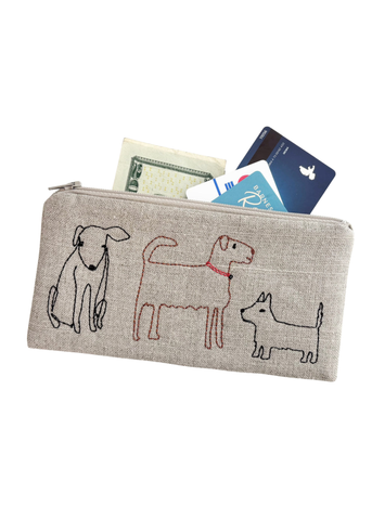 Hand Embroidered Dogs Linen Zipper Pouch