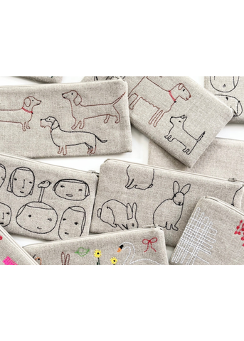 Hand Embroidered Dogs Linen Zipper Pouch