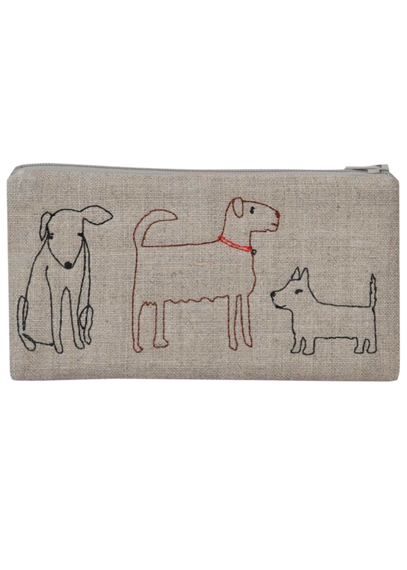 Hand Embroidered Dogs Linen Zipper Pouch