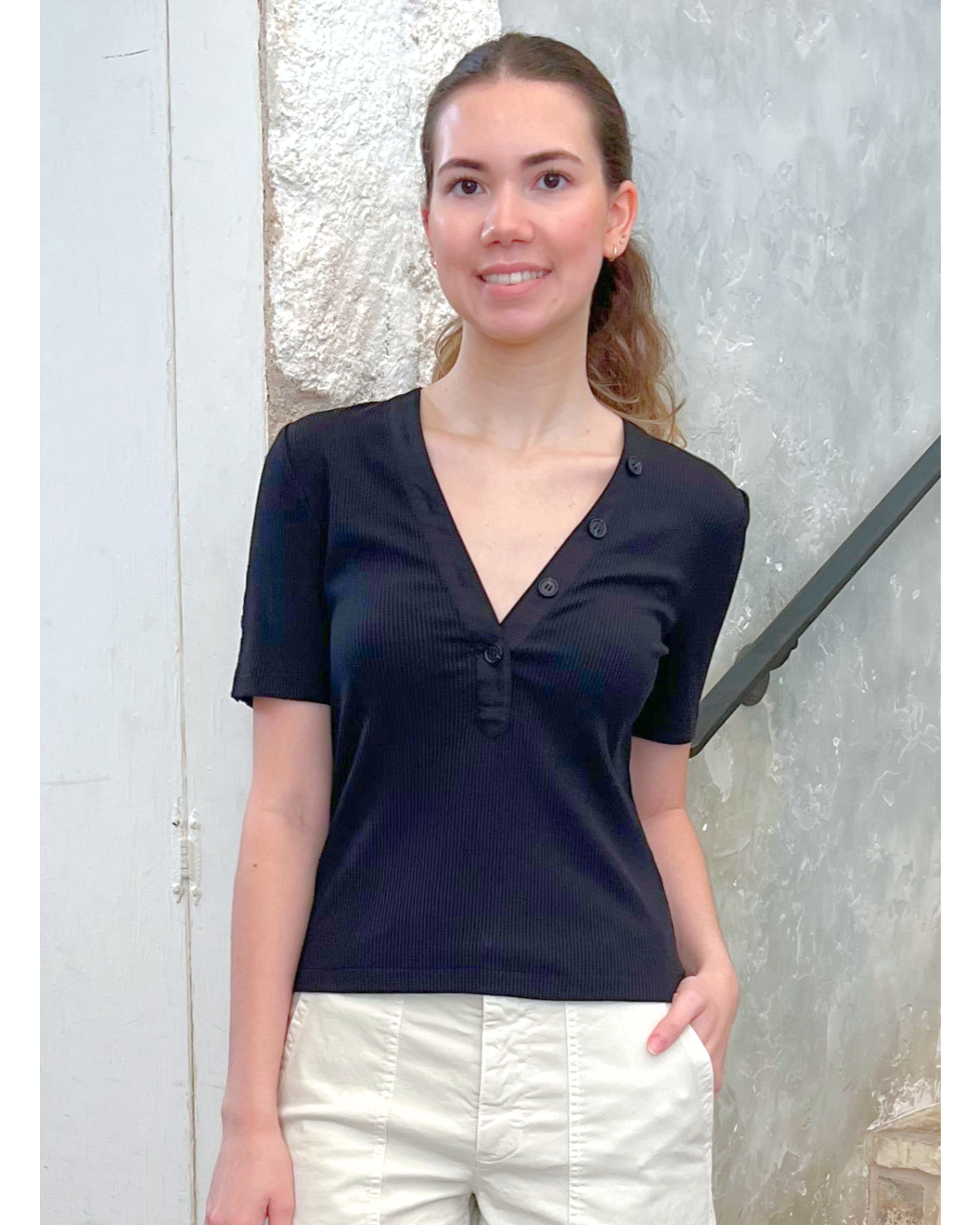 Adrian V-Neck Short Sleeve Ribbed Tee with Button Placket in Black