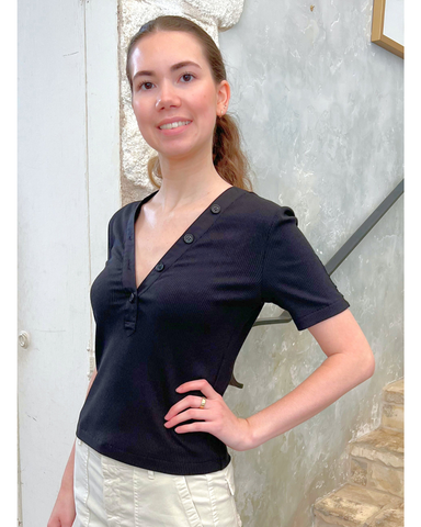 Adrian V-Neck Short Sleeve Ribbed Tee with Button Placket in Black