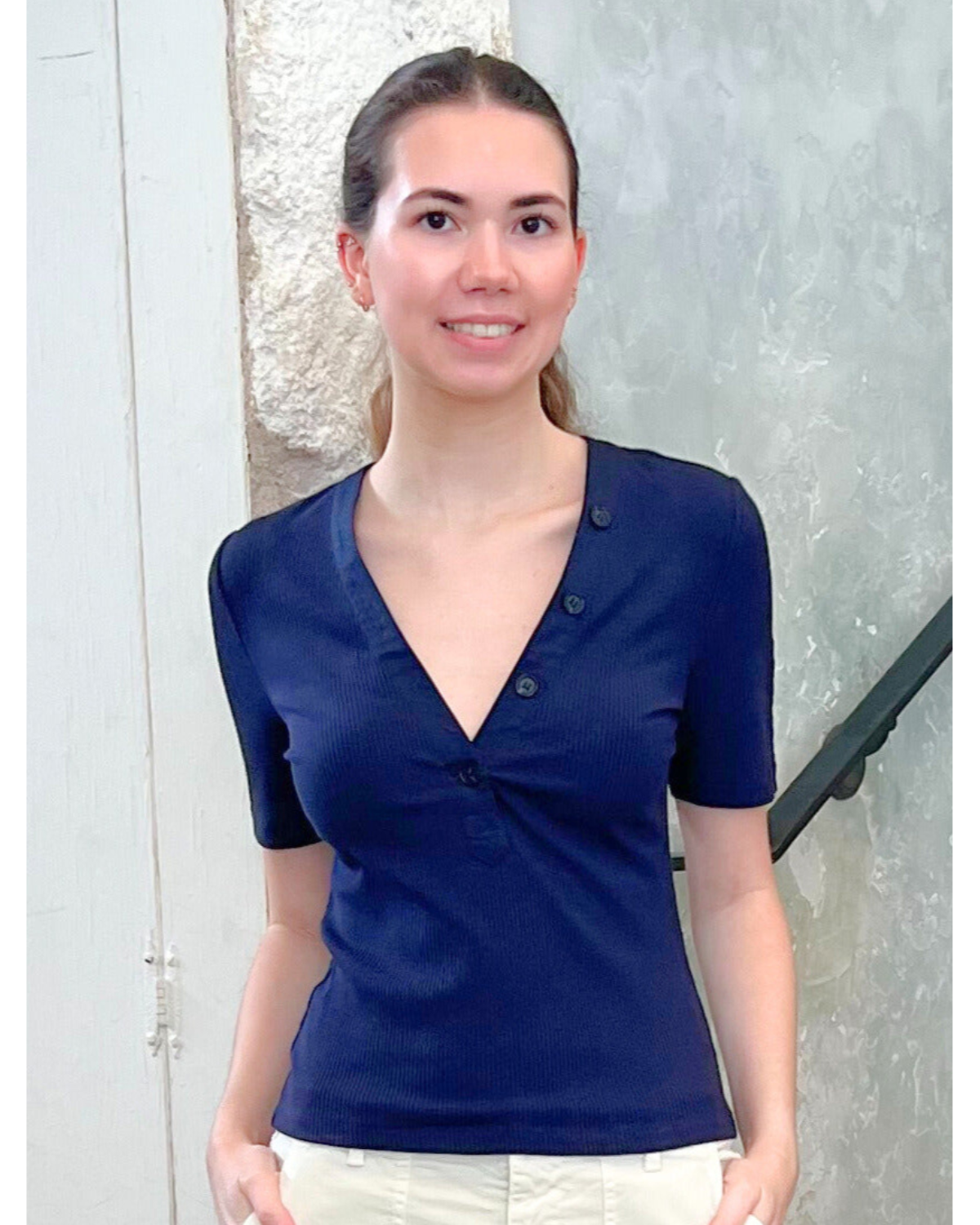 Adrian V-Neck Short Sleeve Ribbed Tee with Button Placket in Night Sky