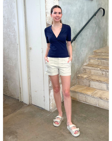 Adrian V-Neck Short Sleeve Ribbed Tee with Button Placket in Night Sky