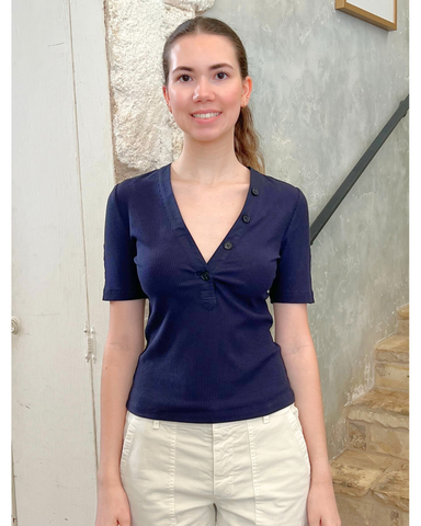 Adrian V-Neck Short Sleeve Ribbed Tee with Button Placket in Night Sky
