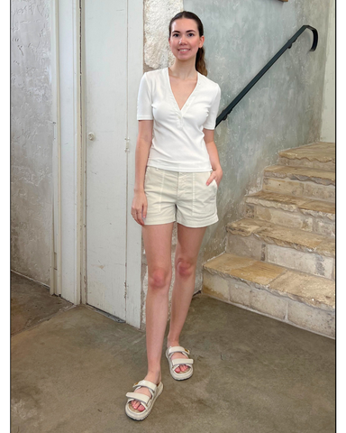 Adrian V-Neck Short Sleeve Ribbed Tee with Button Placket in Off White