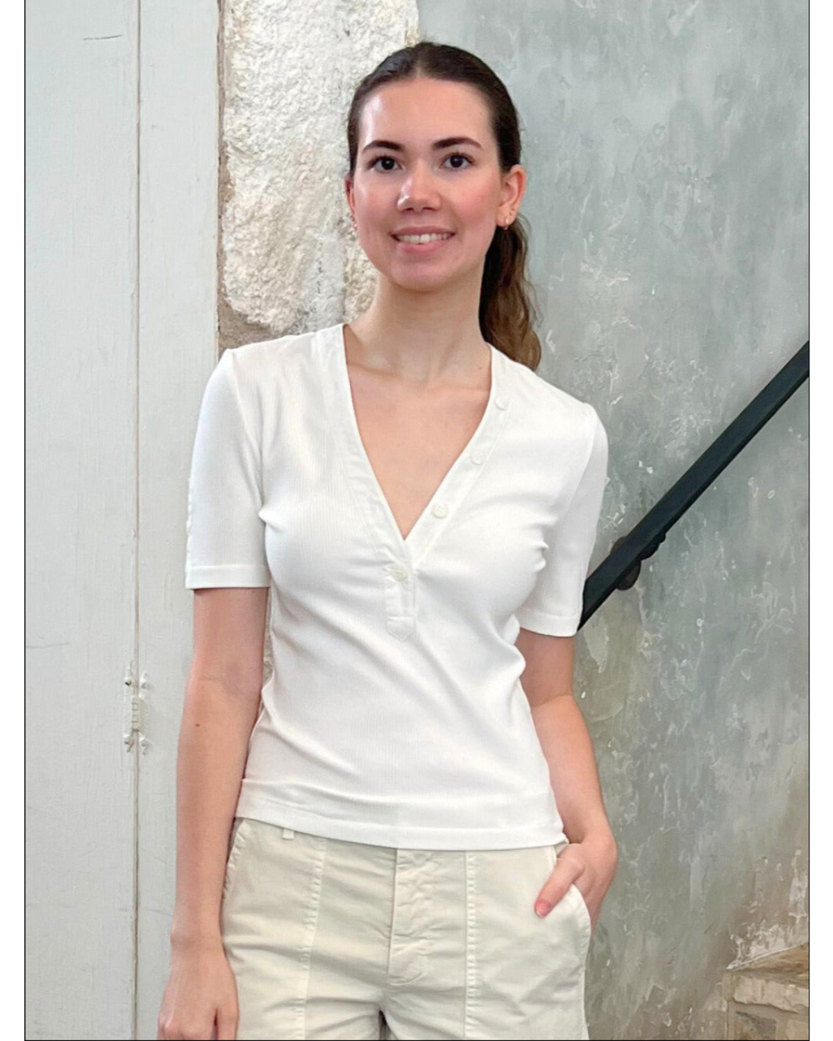 Adrian V-Neck Short Sleeve Ribbed Tee with Button Placket in Off White