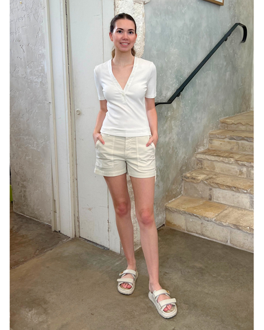 Adrian V-Neck Short Sleeve Ribbed Tee with Button Placket in Off White