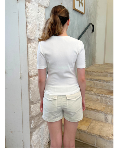 Adrian V-Neck Short Sleeve Ribbed Tee with Button Placket in Off White