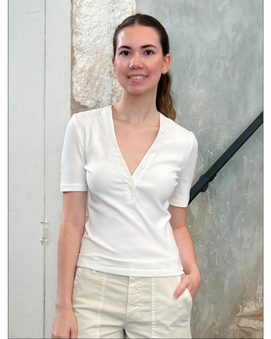 Adrian V-Neck Short Sleeve Ribbed Tee with Button Placket in Off White