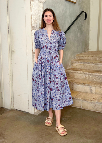 Adriana Wave Floral Puff Sleeve Belted Midi Dress in Gardenia