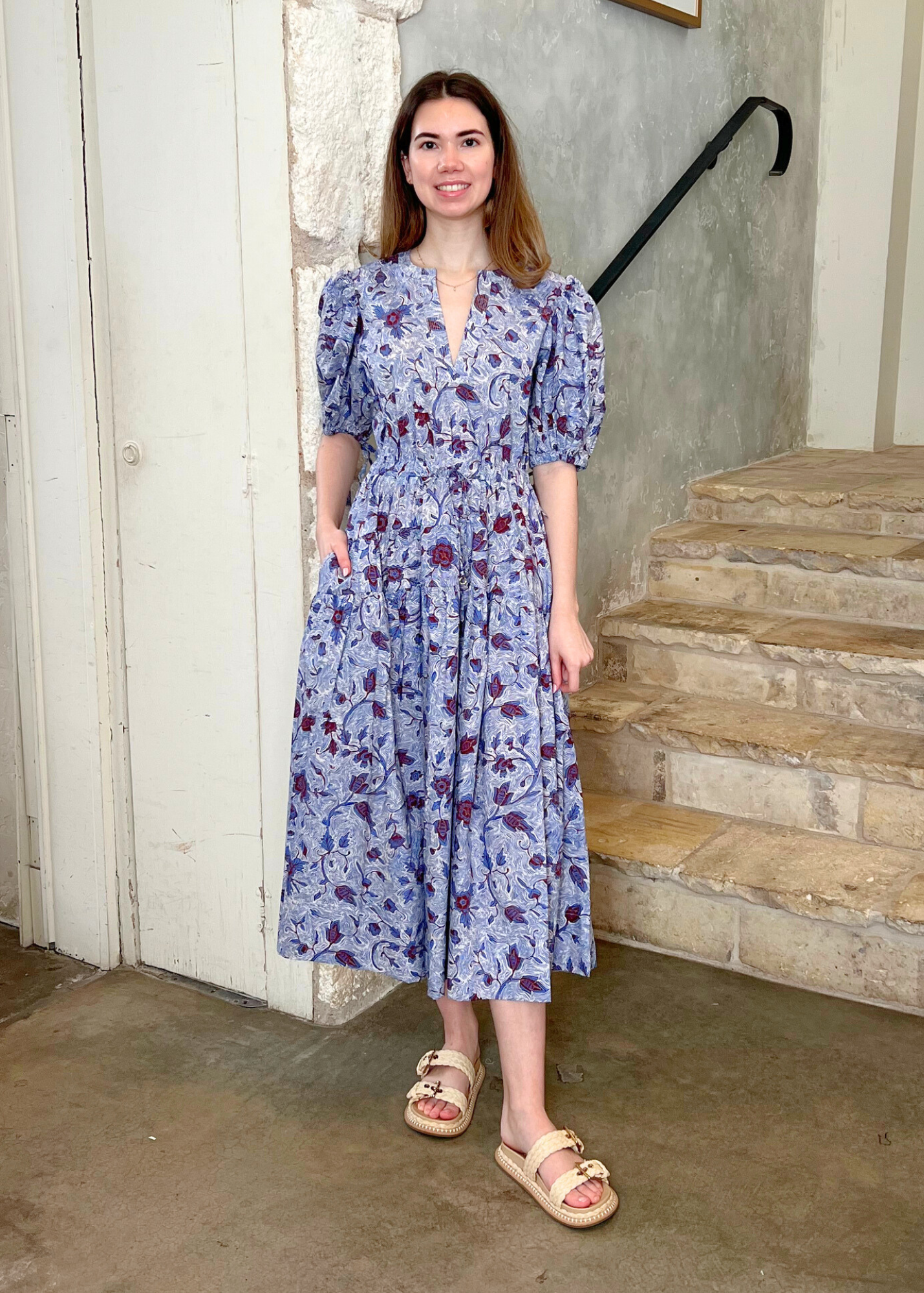 Adriana Wave Floral Puff Sleeve Belted Midi Dress in Gardenia