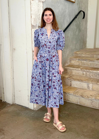 Adriana Wave Floral Puff Sleeve Belted Midi Dress in Gardenia