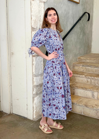 Adriana Wave Floral Puff Sleeve Belted Midi Dress in Gardenia