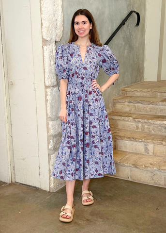 Adriana Wave Floral Puff Sleeve Belted Midi Dress in Gardenia