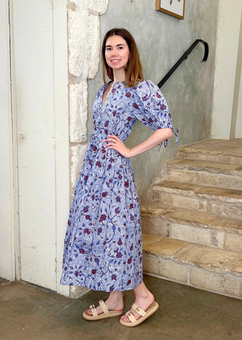 Adriana Wave Floral Puff Sleeve Belted Midi Dress in Gardenia