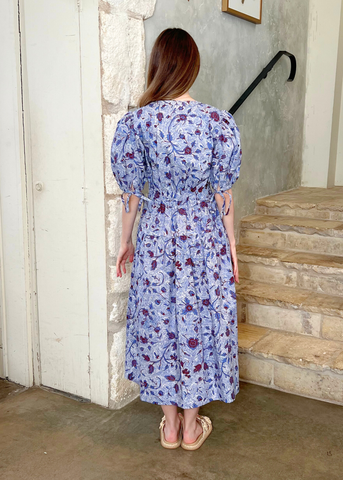 Adriana Wave Floral Puff Sleeve Belted Midi Dress in Gardenia