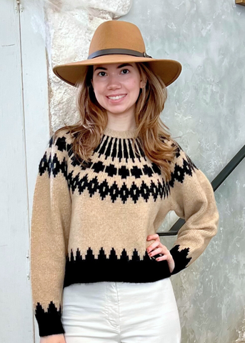 Alena Long Sleeve Fairisle Knit Sweater in Light Camel