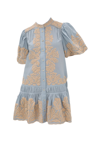 Alexandra Embroidery Bubble Sleeve Tunic Dress in Blue