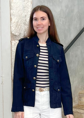 Alita Stripe Short Sleeve Kint Top in Ivory + Lapis