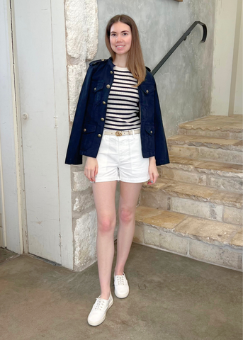 Alita Stripe Short Sleeve Kint Top in Ivory + Lapis